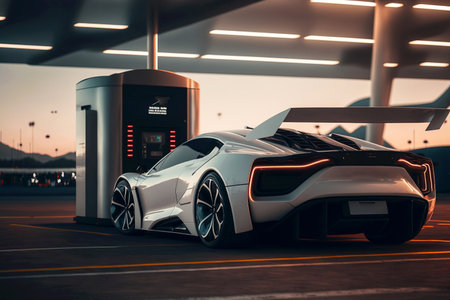 Public charging battery at EV station for electric car at daytime with futuristic view in concept of green energy and eco power produced from sustainable source to reduce CO2 emission. Generative AIの素材