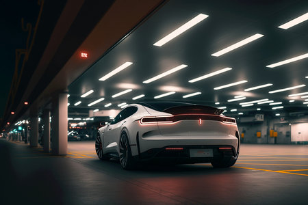 Public charging battery at EV station for electric car at daytime with futuristic view in concept of green energy and eco power produced from sustainable source to reduce CO2 emission. Generative AIの素材