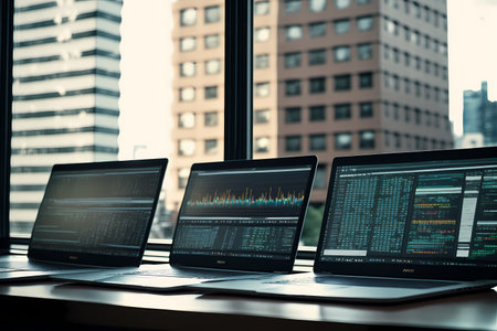 A row of identical open laptops with different stock market graphs on screens lined up in front of a window with a view of a bustling city, representing the idea of professionalism and preparedness in business.の素材