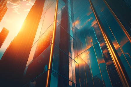 A skyscraper with the sun shining brightly in the background, low angle shot of financial corporate building with reflections representing the idea of success and prosperity. Generative AIの素材