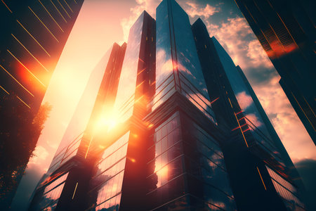 A skyscraper with the sun shining brightly in the background, low angle shot of financial corporate building with reflections representing the idea of success and prosperity. Generative AIの素材
