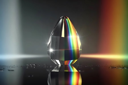 Close-up shot of a single drop reflecting the rays of a prism rainbow. Crystal clear droplet, highlighting its stunning natural beauty. Ideal for designs related to clean purify mood. Generative AIの素材