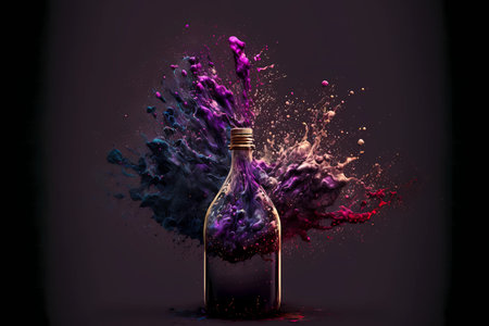 Bottle of wine ink explode as opening excitement celebration winery concept. Beautiful Color coded splash liquid booze shot. Design for advertising drink and alcohol background display. Generative AIの素材