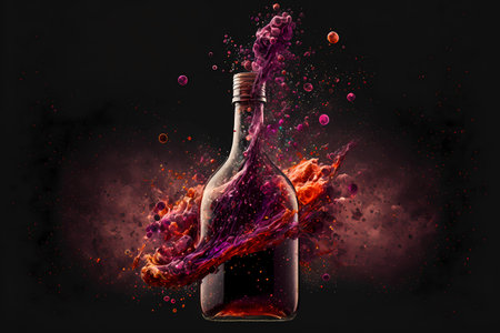 Bottle of wine ink explode as opening excitement celebration winery concept. Beautiful Color coded splash liquid booze shot. Design for advertising drink and alcohol background display. Generative AIの素材