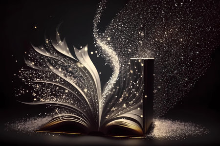 Open book with golden light particles that create a stunning and glamorous silver effect. Magic, elegant and stylish gold luxury theme design. Fantasy and imagination black Background. Generative AIの素材