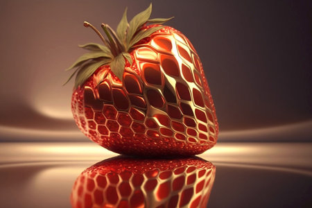 Single strawberry in spotlight display. Red, gold and passion as fruit sensual seduce desert. close up. perfect illustration for seductive glamour and golden background fruit. Generative AIの素材