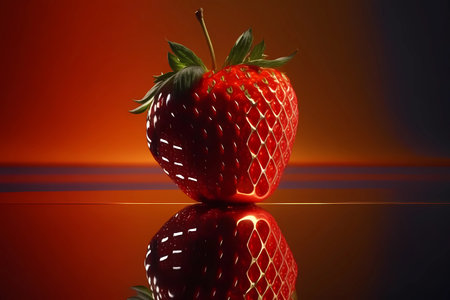 Single strawberry in spotlight display. Red, gold and passion as fruit sensual seduce desert. close up. perfect illustration for seductive glamour and golden background fruit. Generative AIの素材