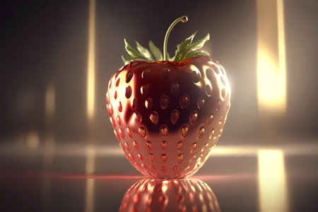 Single strawberry in spotlight display. Red, gold and passion as fruit sensual seduce desert. close up. perfect illustration for seductive glamour and golden background fruit. Generative AIの素材