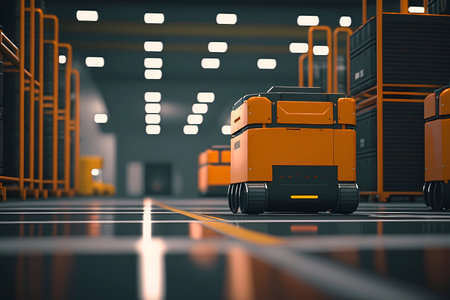 Automated modern retail warehouse. Robotics transporting boxes of product packages in distribution logistics center. Autonomous robot to move box with artificial intelligence. smart retail concept. Generative AIの素材