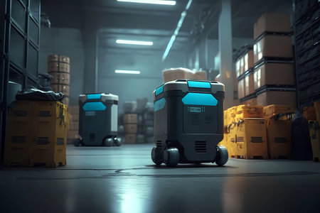 Automated modern retail warehouse. Robotics transporting boxes of product packages in distribution logistics center. Autonomous robot to move box with artificial intelligence. smart retail concept. Generative AIの素材