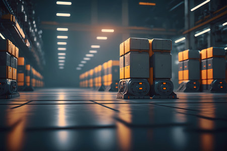 Automated modern retail warehouse. Robotics transporting boxes of product packages in distribution logistics center. Autonomous robot to move box with artificial intelligence. smart retail concept. Generative AIの素材