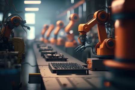 Industrial robotic arms in production line. Assembly manufacturing factory as Robots hands working in manufacturing conveyor of Futuristic automated artificial intelligence technology in electronic factory. Generative AIの素材