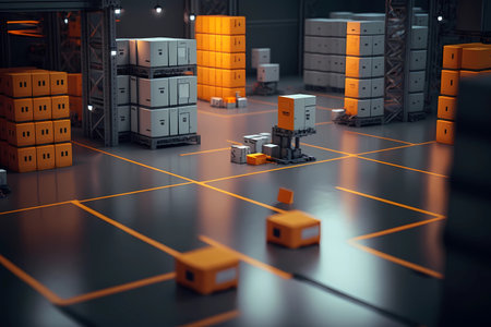 Automated modern retail warehouse. Robotics transporting boxes of product packages in distribution logistics center. Autonomous robot to move box with artificial intelligence. smart retail concept. Generative AIの素材