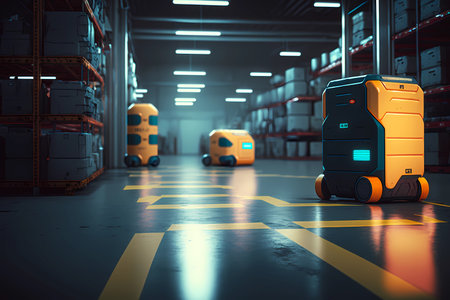 Automated modern retail warehouse. Robotics transporting boxes of product packages in distribution logistics center. Autonomous robot to move box with artificial intelligence. smart retail concept. Generative AIの素材