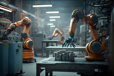 Industrial robotic arms in production line. Assembly manufacturing factory as Robots hands working in manufacturing conveyor of Futuristic automated artificial intelligence technology in electronic factory. Generative AIの素材