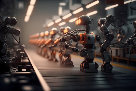 Industrial robotic arms in production line. Assembly manufacturing factory as Robots hands working in manufacturing conveyor of Futuristic automated artificial intelligence technology in electronic factory. Generative AIの素材