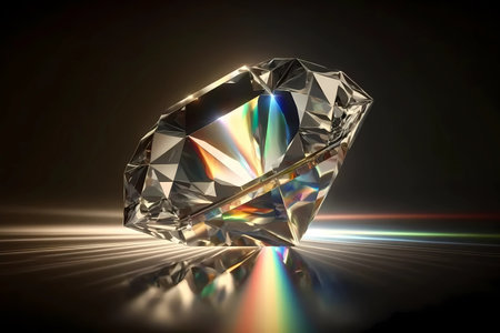 Close-up on single diamond with rays of rainbow colored light reflecting out of the prism facets. Shot on dark background, gem has crystal clear and clarity. Luxury beauty concept. Generative AIの素材