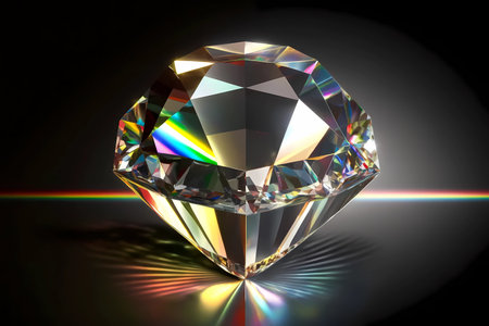 Close-up on single diamond with rays of rainbow colored light reflecting out of the prism facets. Shot on dark background, gem has crystal clear and clarity. Luxury beauty concept. Generative AIの素材