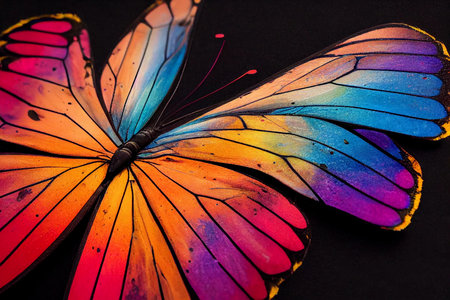 Close up shot on colorful butterfly. Insect macro saturated beauty pattern. Insect macro saturated pattern. Beauty in nature ornament delicate detailed animal butterfly color backdrop. Generative AIの素材