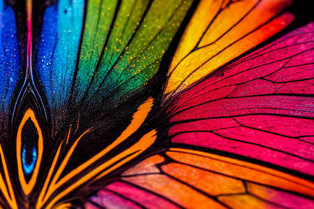 Abstract background colorful texture of close up butterfly wing. Insect macro saturated pattern. Beauty in nature ornament delicate detailed animal butterfly color backdrop. Generative AIの素材