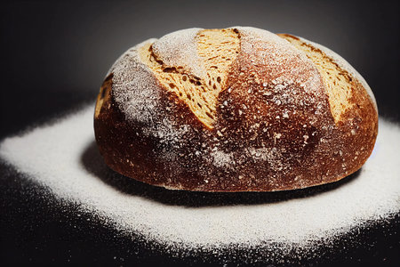 Whole grain bread on dark black background with falling white flour powder as cascade particles. Loaf wheat fresh baking, healthy eating, food styling concept on wooden kitchen table. Generative AIの素材