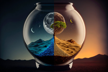 Day and night time change concept, 24 Hours. from morning till dawn, desert landscape with moon to sun cycle. circle of life. Generative AI. High quality illustrationの素材