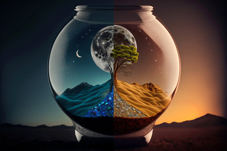 Day and night time change concept, 24 Hours. from morning till dawn, desert landscape with moon to sun cycle. circle of life. Generative AI. High quality illustrationの素材