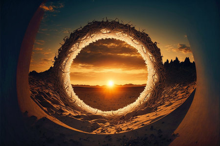 Sunset view at a beautiful fantasy landscape. Center circular plant with the sun and tree can be see trough in the middle. Surreal and supernatural image. generative aiの素材