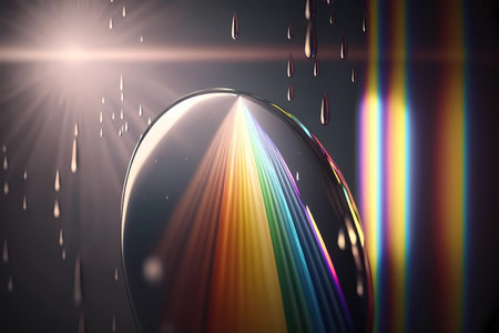 Prism mirror digital art reflection with full spectrum rainbow colors water drops. Crystal light reflect leak lights effect. Abstract glass background. Jewelry, cosmetic and luxury. Generative AIの素材