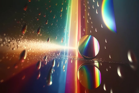 Prism digital art reflection with full spectrum rainbow colors water drops. Crystal light reflect leak lights effect. Abstract transparent glass background. Jewelry, cosmetic and luxury. Generative AIの素材