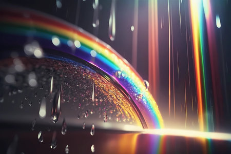 Prism digital art reflection with full spectrum rainbow colors water drops. Crystal light reflect leak lights effect. Abstract transparent glass background. Jewelry, cosmetic and luxury. Generative AIの素材