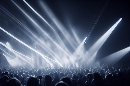 Panorama live music concert crowd and audience with beams light show and concert lighting. Edm electronic techno music festival or rock show performance with crowded people silhouette. Generative AIの素材
