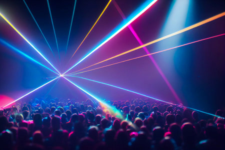 Panorama live music concert crowd and audience with beams light show and concert lighting. Edm electronic techno music festival or rock show performance with crowded people silhouette. Generative AIの素材
