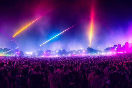 Panorama live music concert crowd and audience with beams light show and concert lighting. Edm electronic techno music festival or rock show performance with crowded people silhouette. Generative AIの素材
