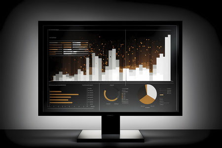 A computer screen displaying multiple financial reports and graphs and pie, representing the idea of data analysis and strategic decision making in business management. Generative AIの素材