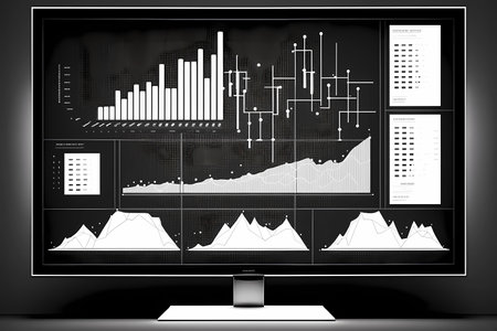 A computer screen displaying multiple financial reports and graphs and pie, representing the idea of data analysis and strategic decision making in business management. Generative AIの素材