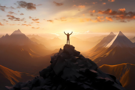 Man standing on top of a cliff at sunset with sunlight watching the beautiful mountain high range from edge of mountain. Achievement success and celebrating winning or freedom concept. Generative AIの素材