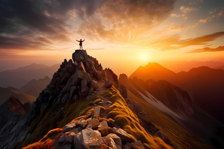 Man standing on top of a cliff at sunset with sunlight watching the beautiful mountain high range from edge of mountain. Achievement success and celebrating winning or freedom concept. Generative AIの素材