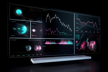 A computer screen displaying multiple financial reports and graphs and pie, representing the idea of data analysis and strategic decision making in business management. Generative AIの素材