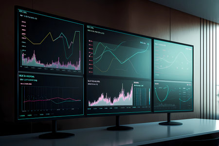 Computer screens showing data and graphs in a night scene at control room and desk office. Graphs, bars and indicators on dark walls as technology futuristic business management concept. Generative AIの素材