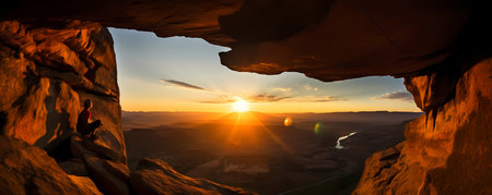 Man climbing a mountain cliff at sunset or dawn. Epic shot of lifestyle concept. Extreme sport challenge action. Free person with equipment and wires as fearless and successful effort. Generative aiの素材