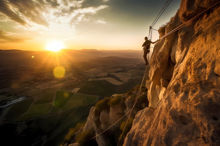Man climbing a mountain cliff at sunset or dawn. Epic shot of lifestyle concept. Extreme sport challenge action. Free person with equipment and wires as fearless and successful effort. Generative aiの素材