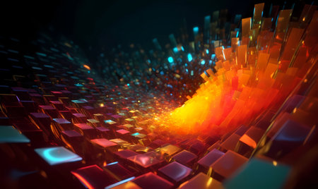 Abstract geometric design of squares and cubes shapes with vibrant colors. Dynamic trendy background. Copy space visual backgrounds of three dimensional futuristic backdrop environment. Generative AIの素材