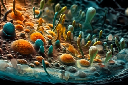 Microscopic macro close up shot of cell and bacteria. Biology, microbiology or chemistry as scientific abstract background. Human cell or molecule virus cell structure visualization. generative aiの素材