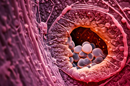 Microscopic macro close up shot of human cell. Biology, microbiology or chemistry as scientific abstract background. Human cell or molecule virus cell structure visualization. generative aiの素材
