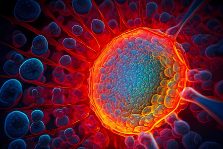 Microscopic macro close up shot of cell and bacteria. Biology, microbiology or chemistry as scientific abstract background. Human cell or molecule virus cell structure visualization. generative aiの素材