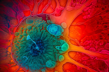 Microscopic macro close up shot of cell and bacteria. Biology, microbiology or chemistry as scientific abstract background. Human cell or molecule virus cell structure visualization. generative aiの素材