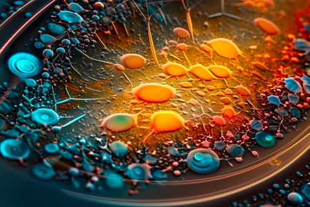 Microscopic macro close up shot of cell and bacteria. Biology, microbiology or chemistry as scientific abstract background. Human cell or molecule virus cell structure visualization. generative aiの素材