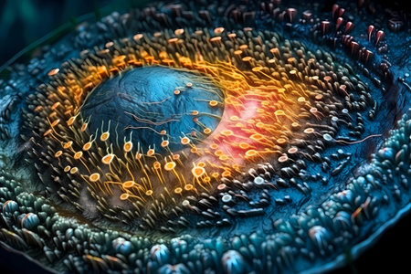 Microscopic macro close up shot of cell and bacteria. Biology, microbiology or chemistry as scientific abstract background. Human cell or molecule virus cell structure visualization. generative aiの素材
