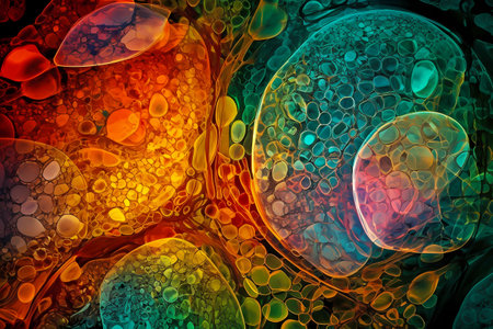 Microscopic macro close up shot of cell and bacteria. Biology, microbiology or chemistry as scientific abstract background. Human cell or molecule virus cell structure visualization. generative aiの素材